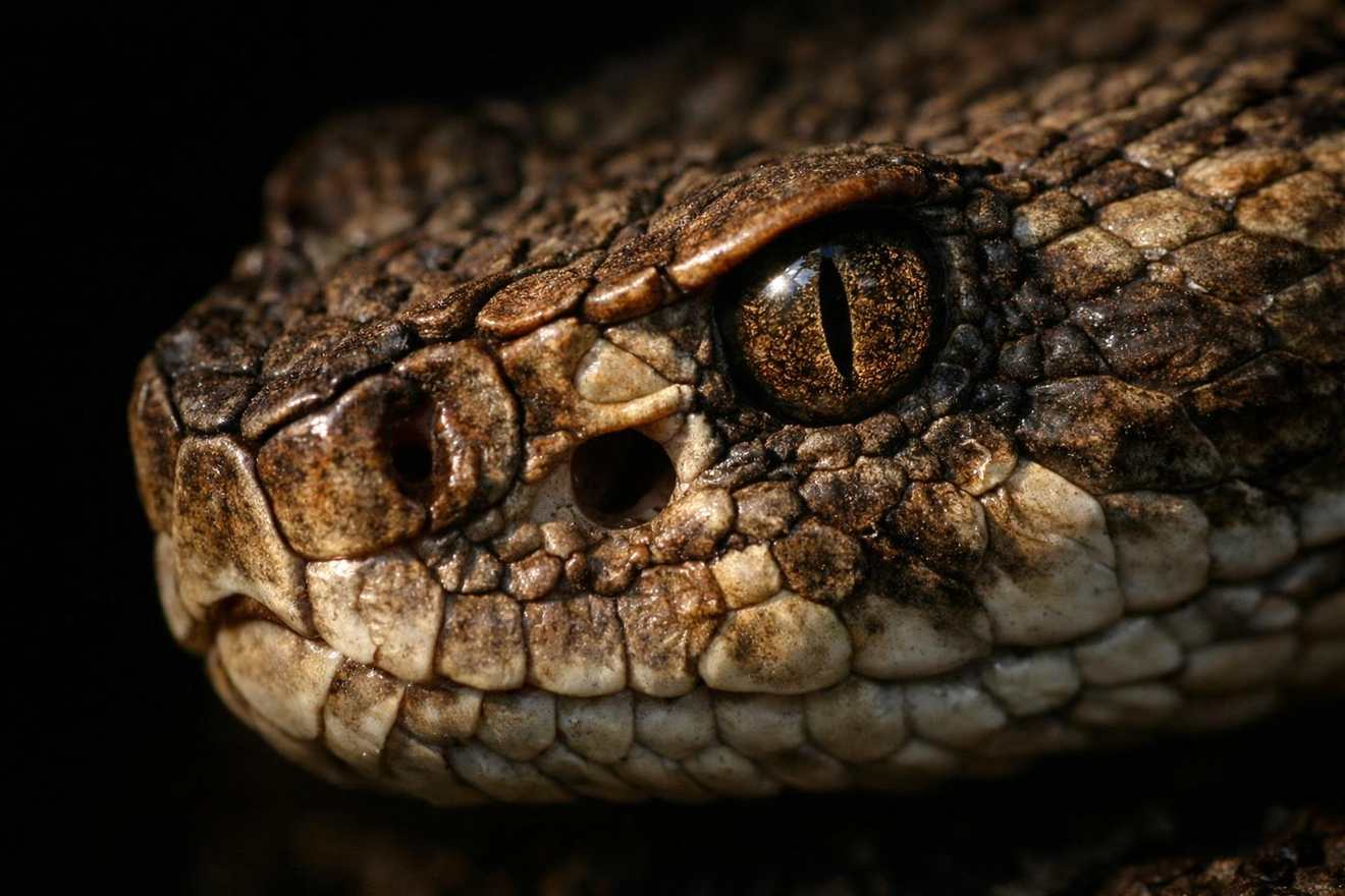 Cómo ven las serpientes: primer plano de la cabeza de una víbora de foseta mostrando el órgano de las fosas, la fosa termosensible situada entre el ojo y el orificio nasal que detecta la radiación infrarroja