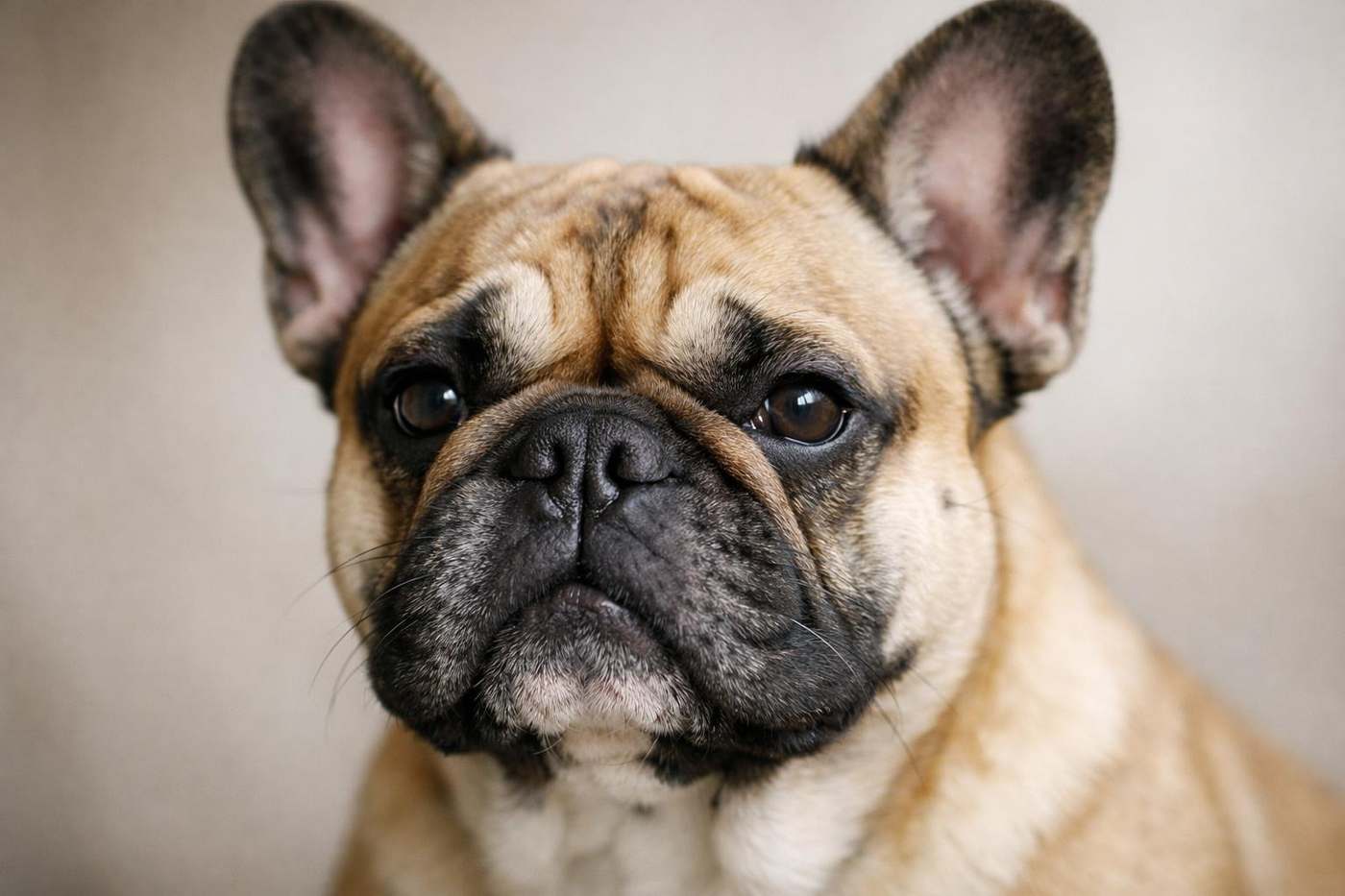 Cuánto vive un perro según su raza: primer plano del cráneo achatado de una raza braquicéfala como el bulldog francés, cuya morfología de hocico corto reduce la esperanza de vida por el síndrome braquicefálico