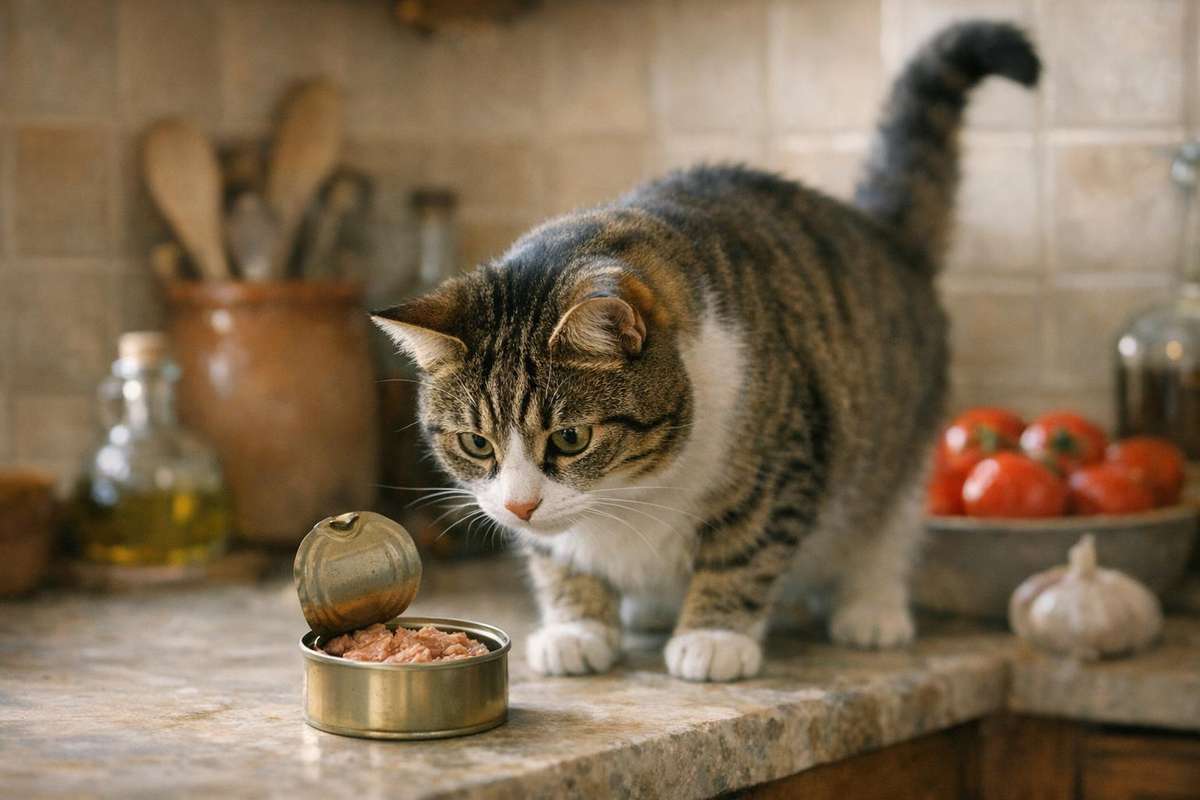 Pueden los gatos comer atún: gato adulto frente a una lata abierta de atún en una cocina, escena que ilustra la fascinación felina por el atún y los riesgos del consumo frecuente