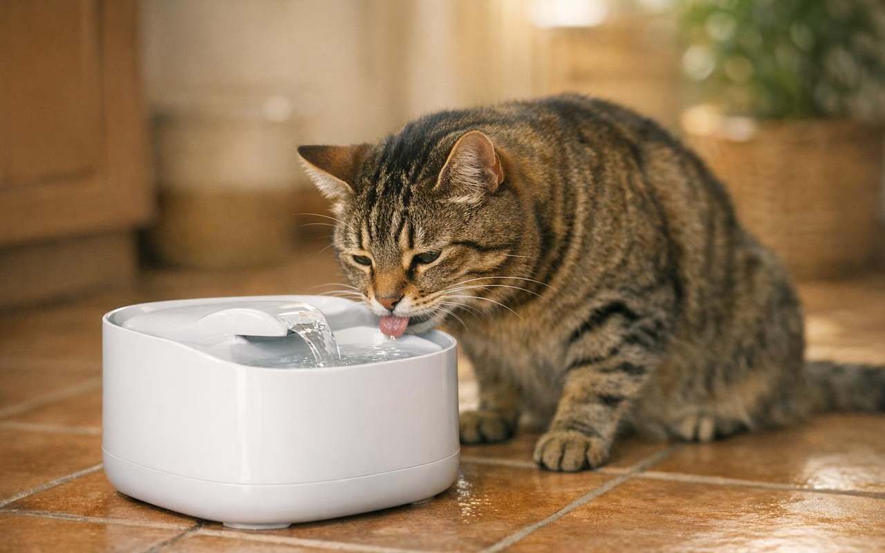 Un gato bebe agua de una fuente para gatos en una cocina, una forma eficaz de prevenir la deshidratación felina cuando llega el calor.