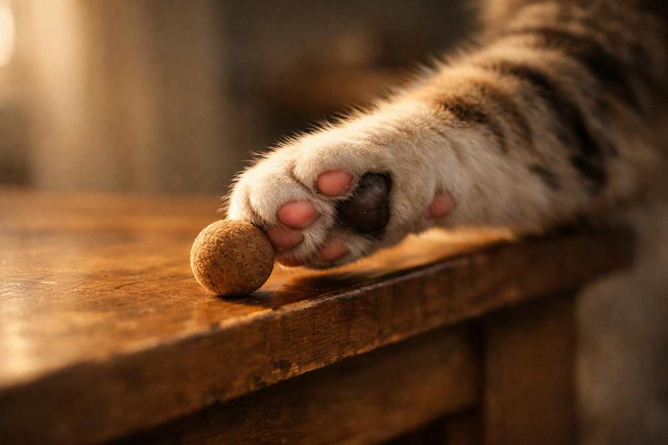 Por qué mi gato tira cosas de la mesa: primer plano de un gato golpeando con la pata un objeto en el borde de una mesa, mostrando cómo usa la pata como órgano sensorial para investigar textura, peso y movimiento