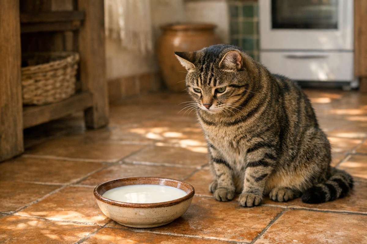 Pueden los gatos beber leche: gato adulto frente a un cuenco de leche en una cocina, escena cotidiana que ilustra el mito popular sobre la dieta felina y la intolerancia a la lactosa
