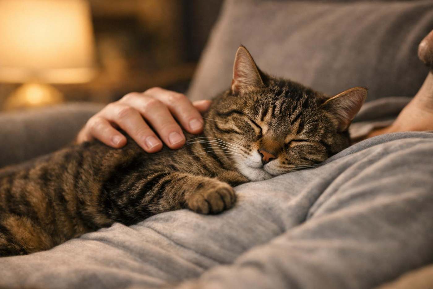 Por qué mi gato se acuesta encima de mí: un gato durmiendo plácidamente sobre el pecho de su dueño tumbado en el sofá, buscando calor corporal estable, el sonido del latido y la seguridad del contacto