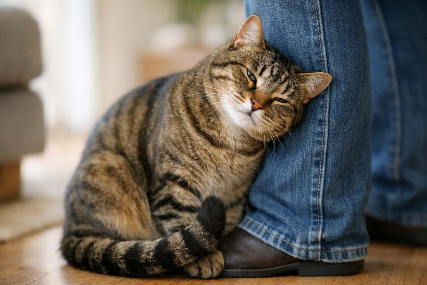 Por qué mi gato se frota en mis piernas: un gato recorriendo y restregando la cara, el costado y la cola contra las piernas de su dueño que acaba de llegar a casa, depositando feromonas y creando un olor de grupo compartido