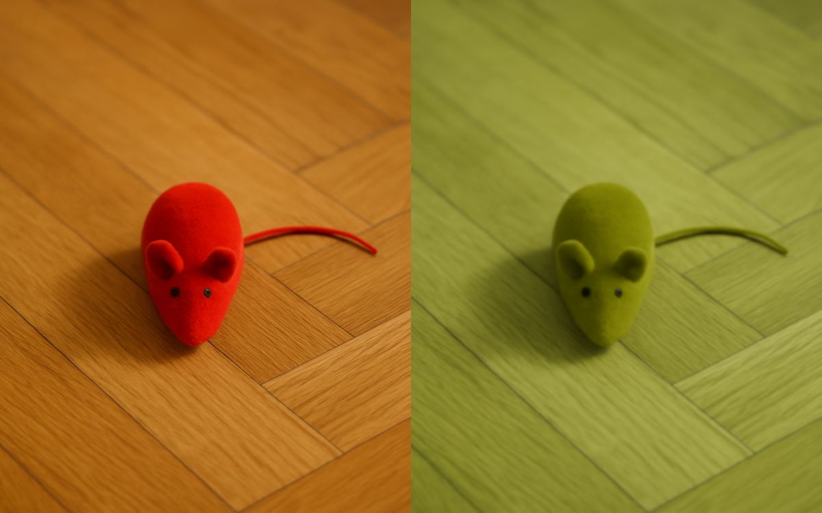 Cómo ven los gatos los colores: comparación visión humana tricromática vs visión felina dicromática. Misma escena de salón con un ratón de juguete rojo sobre suelo de madera, claramente visible en vista humana, apagado y borroso en vista felina simulada.