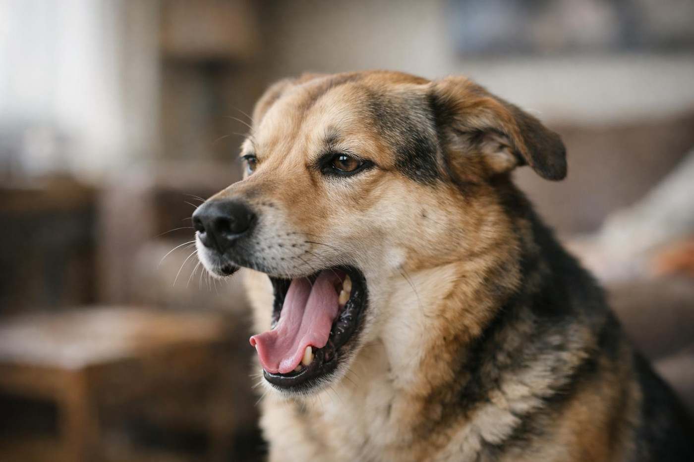 Por qué mi perro bosteza: un perro bostezando como señal de calma durante una situación de tensión leve, con las orejas ligeramente hacia atrás y la mirada apartada, mostrando que el bostezo canino es comunicación y no sueño