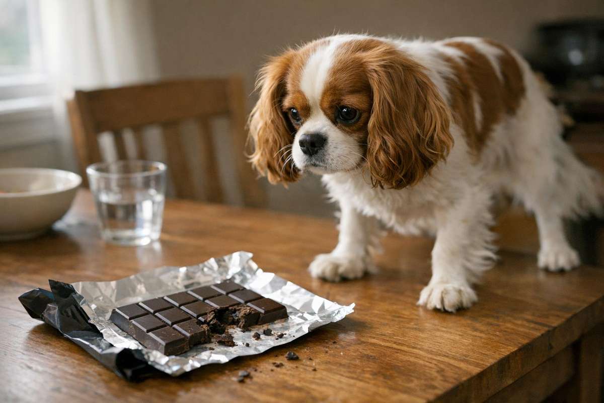 Pueden los perros comer chocolate: un perro pequeño junto a una tableta de chocolate negro abierta sobre la mesa, escena cotidiana de intoxicación accidental por teobromina