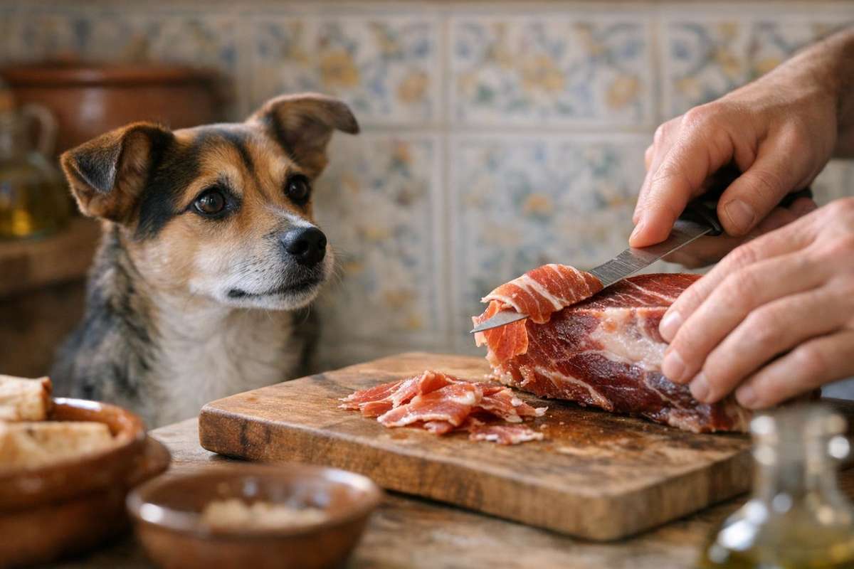 Pueden los perros comer jamón: un perro pequeño mirando atento mientras alguien corta jamón serrano en una cocina española, escena típica del aprendizaje del premio inapropiado