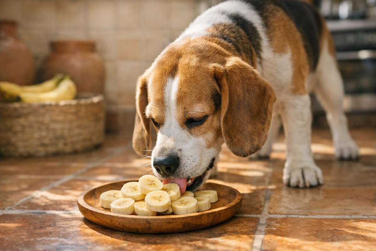 Pueden los perros comer plátano: un perro mediano comiendo rodajas de plátano fresco en una cocina, con la fruta pelada y cortada en trozos manejables como ejemplo de capricho sano y seguro