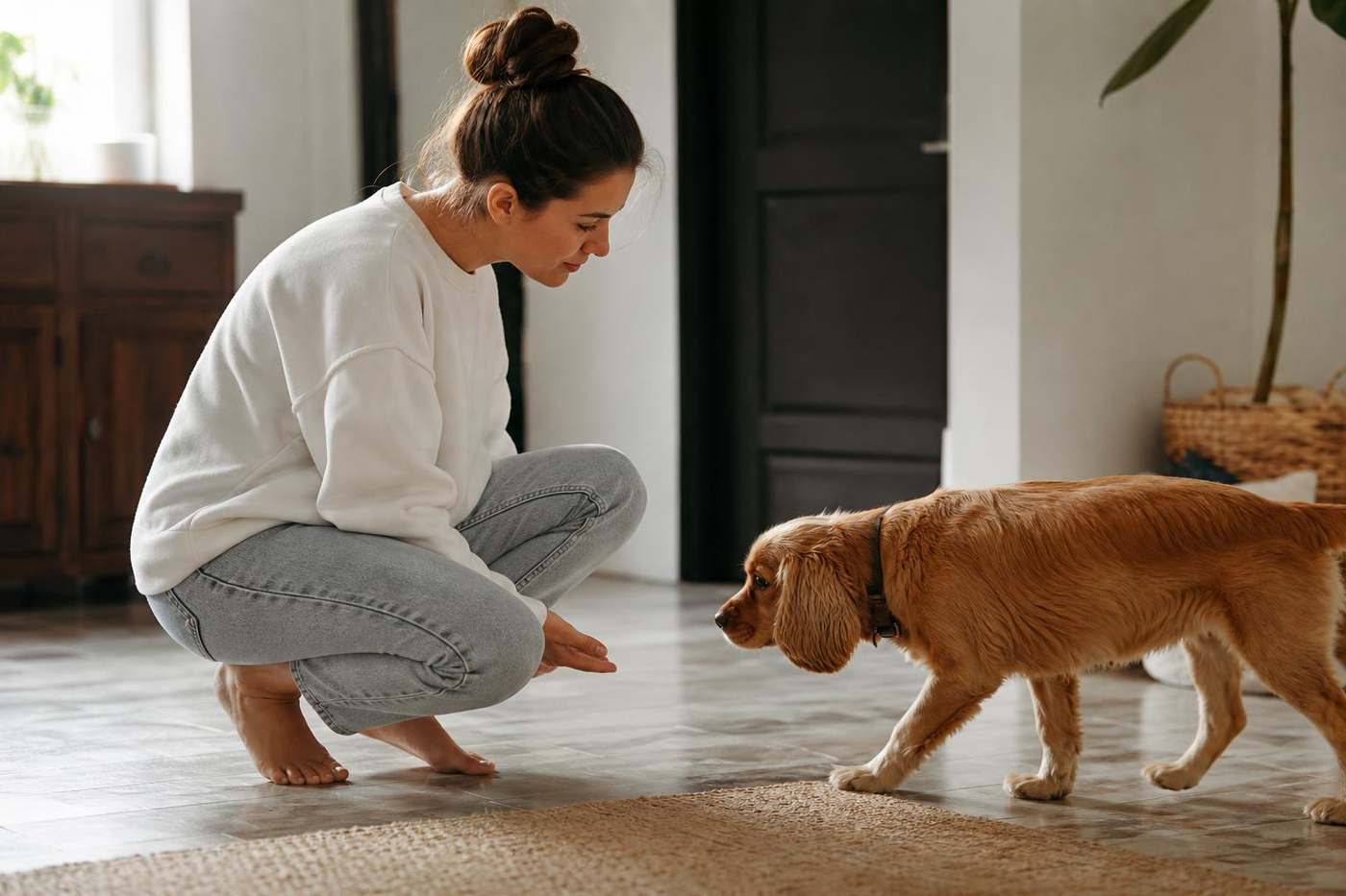 Cómo responder cuando un perro mete el rabo entre las patas: una persona se agacha a la altura del perro y le da espacio en lugar de forzar el contacto, la forma correcta de gestionar el miedo y la inseguridad canina