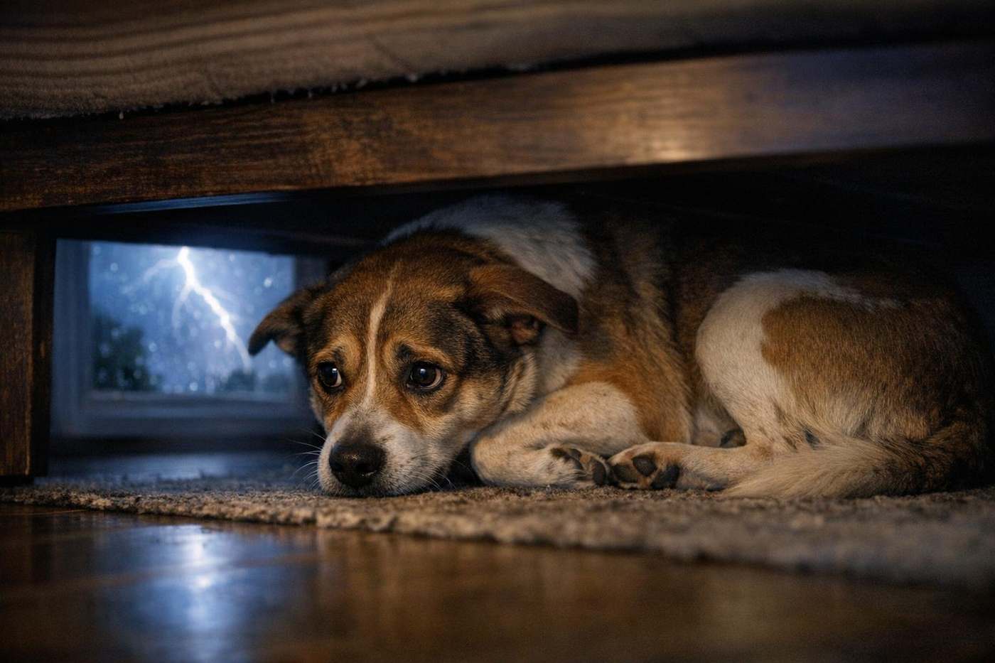 Por qué mi perro tiembla: un perro temblando de miedo refugiado bajo un mueble durante una tormenta, con las orejas hacia atrás, mostrando el temblor emocional provocado por la descarga de adrenalina ante un ruido fuerte