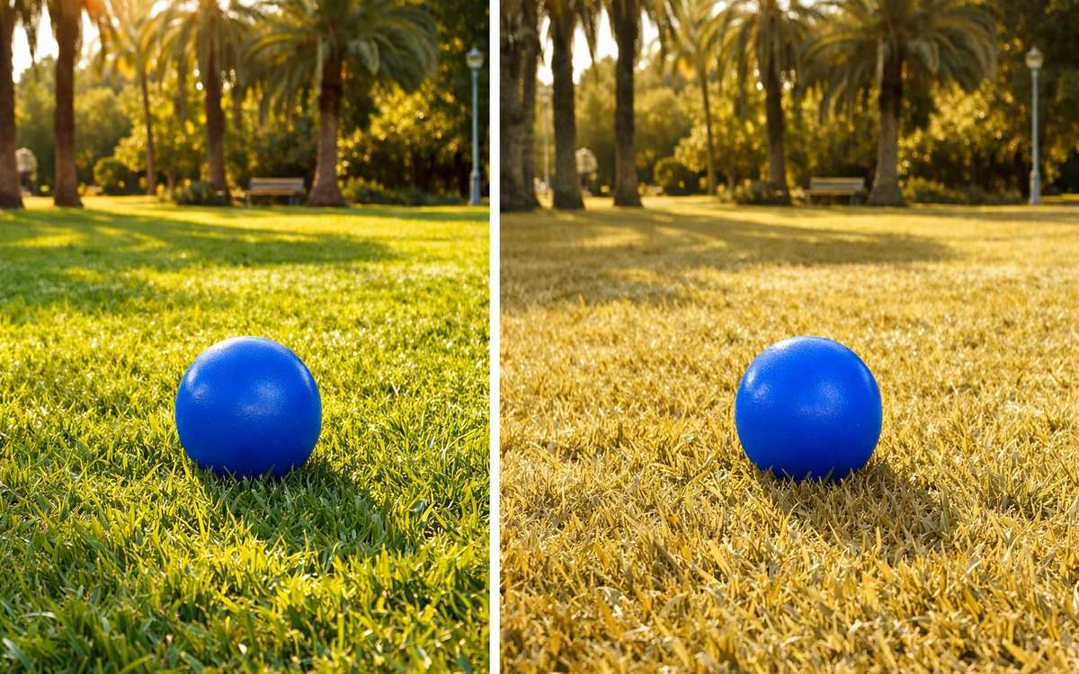 Visión dicromática del perro: balón azul claramente visible tanto en la vista humana (colores saturados) como en la vista canina simulada (azul mantiene su saturación). Demuestra por qué los juguetes azules son ideales para perros.