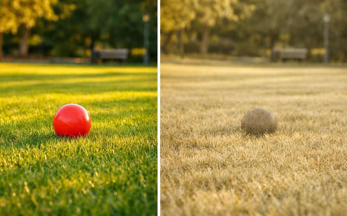 Cómo ven los perros los colores: comparación visión humana tricromática vs visión canina dicromática. Misma escena de parque con balón rojo claramente visible (vista humana) y balón apenas distinguible sobre la hierba amarillenta (vista canina, simulación).