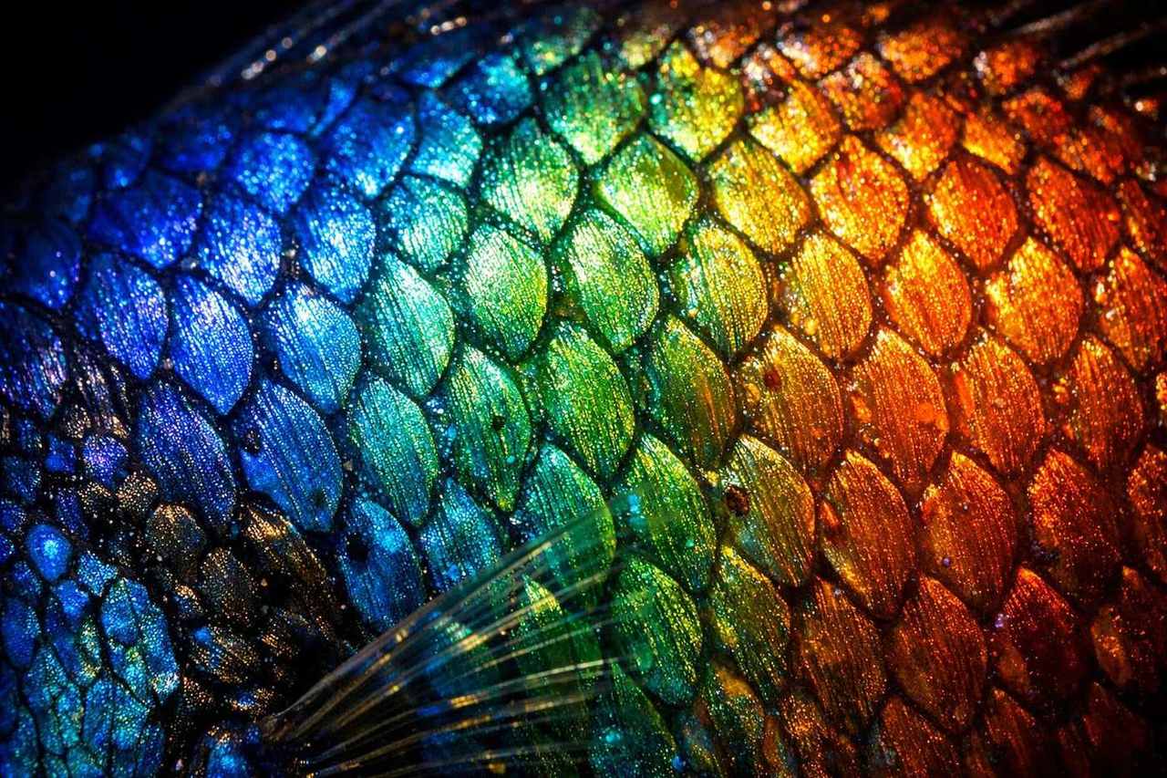 Por qué mi pez cambia de color: primer plano de la piel de un pez de acuario mostrando la coloración iridiscente producida por los cromatóforos, las células pigmentarias responsables del cambio de color