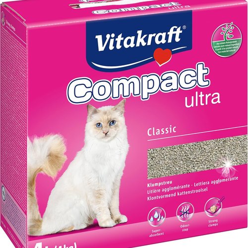 Vitakraft Compact Ultra Classic, Arena aglomerante para Gatos, Absorbe los olores de la Bandeja Sanitaria, Limpia y fácil de retirar (1x 4kg)