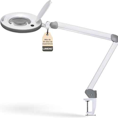 Lumeno 8515GR Lámpara lupa LED con gran lente de cristal auténtico de 152 mm, luminosidad regulables, adecuada como lámpara de trabajo, de aumento, ayuda de lectura, lupa estetica, 5 dioptrías gris