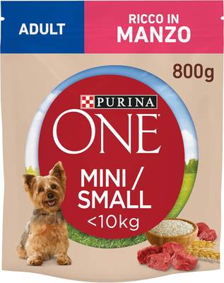 PURINA ONE Mini pienso pequeño para Perros Adultos, Rico en Carne de Vaca, 8 Bolsas de 800 g
