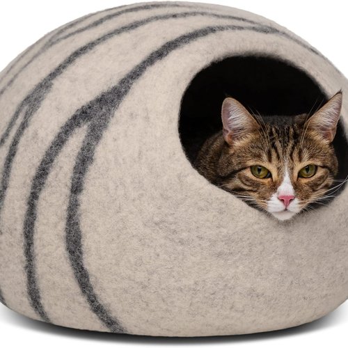 MEOWFIA Cueva de Cama para Gatos de Fieltro Premium - Cama Hecha a Mano Lana Merina para Gatos y Gatitos (Tonos claros) (pequeño, Perla ahumada)