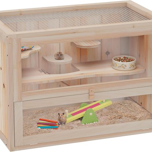 PawHut Jaula Madera para Hámster Ratoncillos Roedores Casa para Animales Pequeños 2 Niveles 60x35x42cm