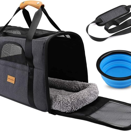 Transportín Perro Gato, Bolsa de Transporte Transpirable para Mascotas, Portador de Viaje con Correa de Hombro Ajustable, Transporte de Gato con Colchón Suave + Tazón Plegable (17.3*12.2*13.4 inch)