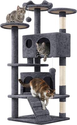 Yaheetech Árbol Rascador para Gatos 139cm con 3 Plataformas 2 Nidos 2 Pompones Torre de Escalador con Postes en Sisal