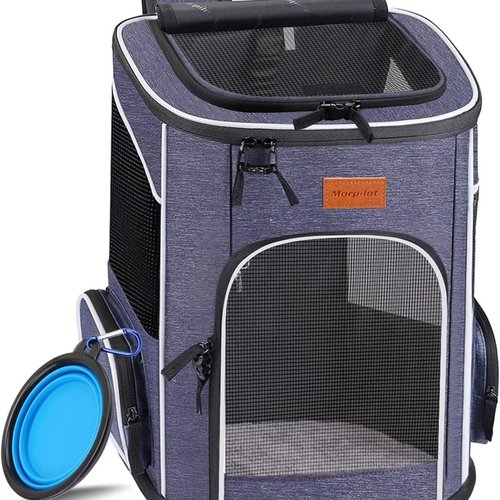 morpilot Mochila Transportín Perro, Mochila Transportín Gato Bien Ventilado con Correa de Seguridad Interior, Bolsa de Transporte para Para Gatos y Perros Pequeños (13*11*16.5 inch) + Tazón Plegable