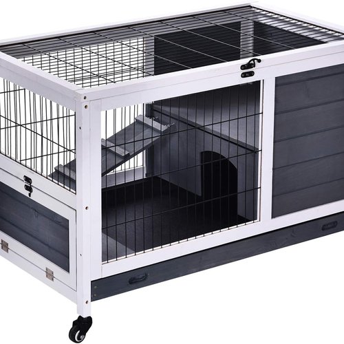 PawHut Jaula para Conejos de Madera Conejera para Mascotas Pequeñas Portátil Interior con Techo Abrible Rampa Bandeja Extraíble para Conejillos de Indias 90x53x59 cm Gris Oscuro