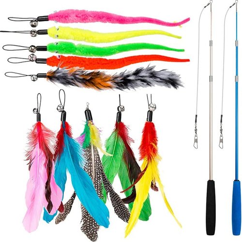 12 PCS Juguete Pluma de Gato Interactivo, 2 PCS Varita Retráctil y 10 PCS Plumas de Recambio con Campana, Juguete de Cazador de Gatos Interactivo Varita para Ejercitar Gatos y Gatitos
