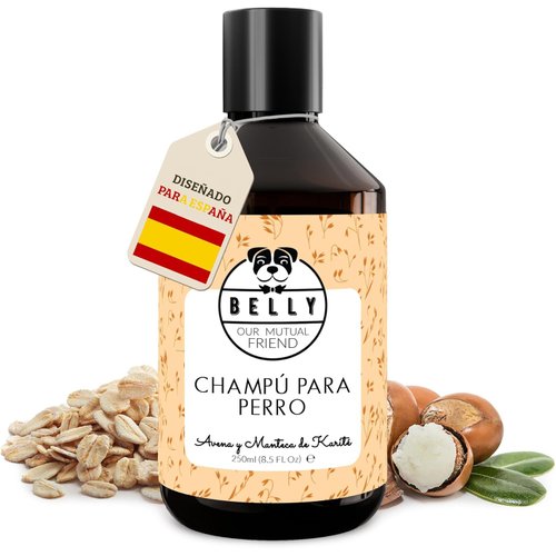 Belly Champú Perros Piel Sensible con Avena y Manteca de Karité, calma picor e irritación, pH equilibrado, vegano, cachorros y adultos, 250 ml