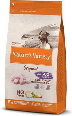 Nature's Variety Original No Grain, Pienso para Perros Adultos Pequeños, Sin cereales, con Pavo deshuesado, 1,5kg