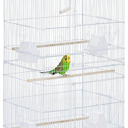 PawHut Jaula para Pájaros, Jaula de Metal para Pájaros con Puertas, 4 Comederos, 3 Perchas, Columpio, Bandeja Extraíble y Asa de Transporte, para Loro, Canario, Periquito, 46,5x35,5x92 cm, Blanco
