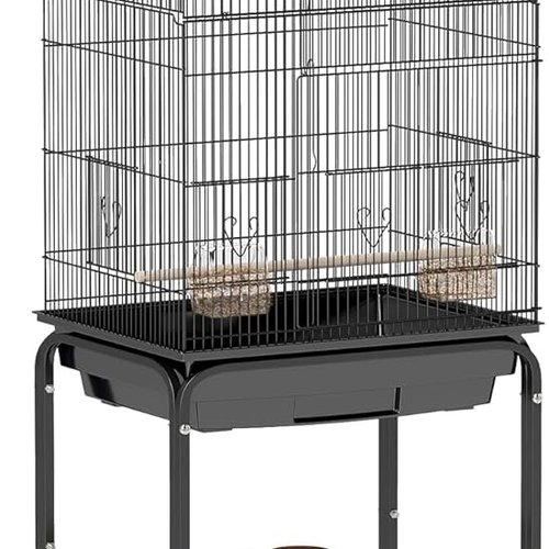 PawHut Jaula para Pájaros, Jaula Grande con Ruedas, Estante de Almacenaje, Puertas, 4 Comederos, 3 Perchas, Columpio, Bandeja Extraíble y Asa, para Loro, Canario, Periquito, 46,5x36x157 cm, Negro