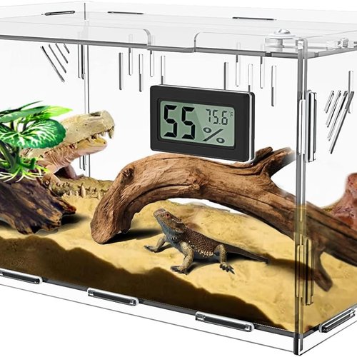 Terrario Reptiles, con higrómetro de Temperatura, 11.8 x 7.9 x 5.9 Pulgadas, Caja de cría de Reptiles, Tanque de Jaula de terrario para Insectos pequeños Reptiles, Oficina en casa