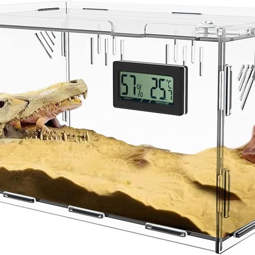 Oiakz Terrario para Reptiles Grande con Higrómetro de Temperatura - Caja de Cría Acrílica para Pequeños Reptiles e Insectos - Tanque de Jaula para Oficina y Casa, 15.7 x