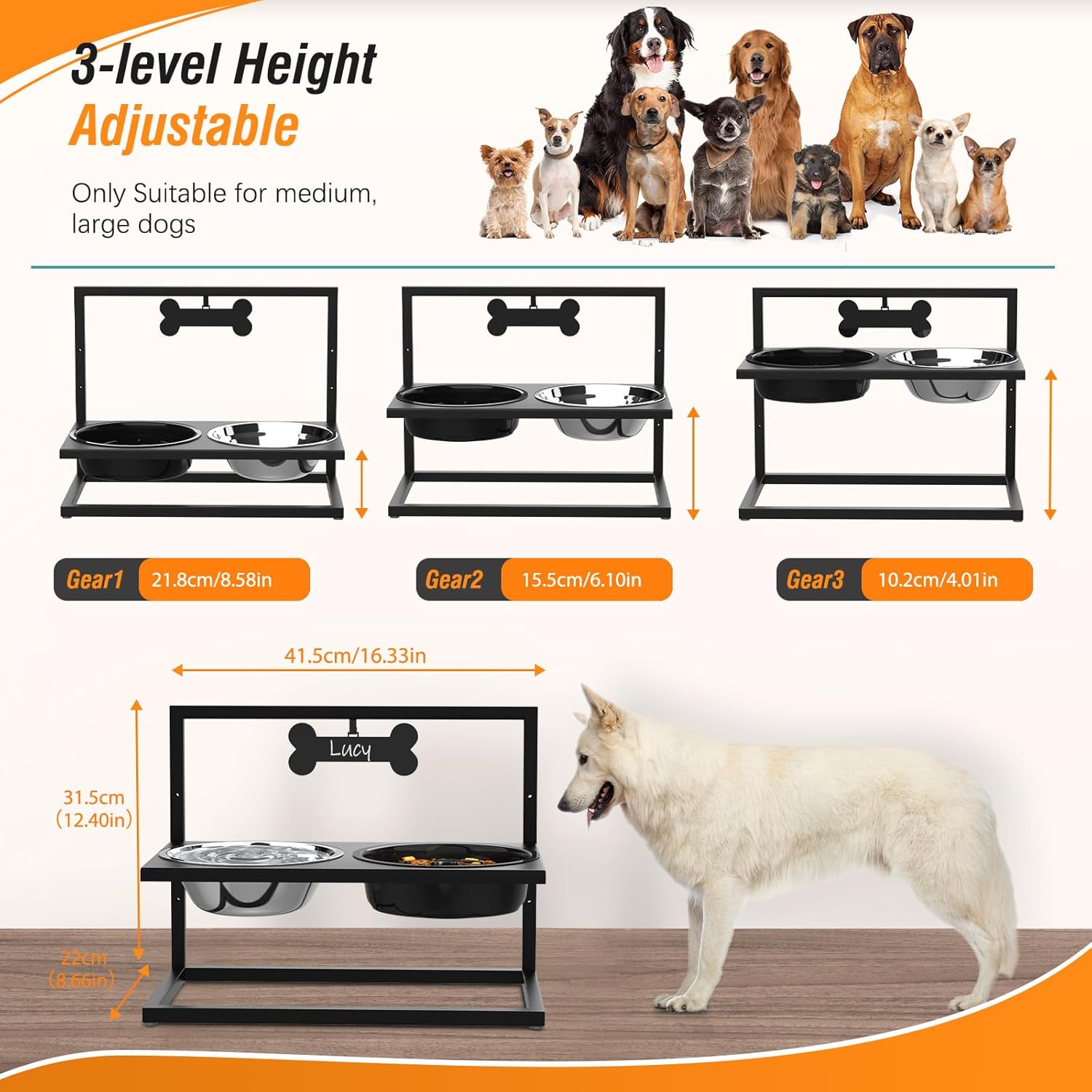 Lewondr Comedero Elevado Ajustable con 2 Cuencos Acero Inoxidable y 1 Cuenco Antivoracidad para Perros Medianos y Grandes, Negro