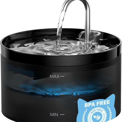 Fuente para Gatos, GIOTOHUN Bebedero con Forma de Grifo - 2L Bomba Súper Silenciosa, Filtro de Pelos Suelto, Dos Patrones de Flujo de Agua, Fácil de Quitar y Lavar - Negro