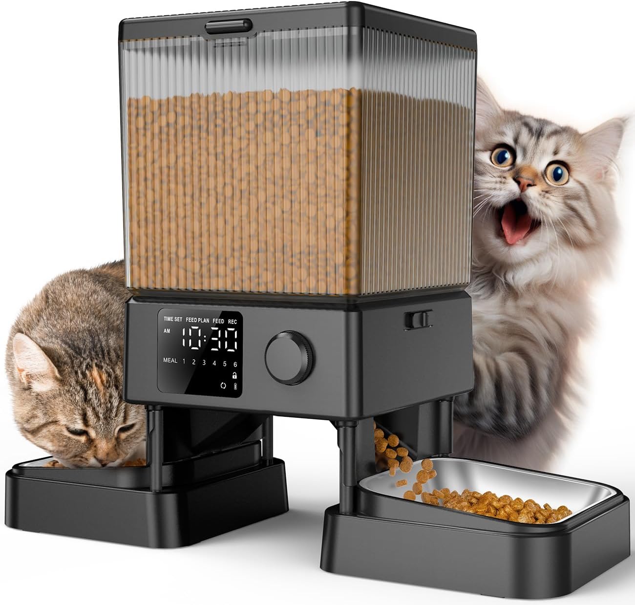 oneisall Comedero automático gato 5L, 2 tazones acero inoxidable, grabadora de voz