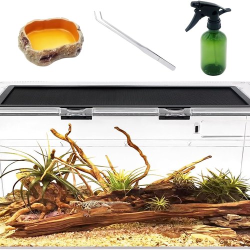 Set de Terrario Reptile PC, Tanque Reptil 50 x 25 x 20 cm con ventilación de Pantalla de Puerta corredera Superior para Reptiles, Anfibios e invertebrados