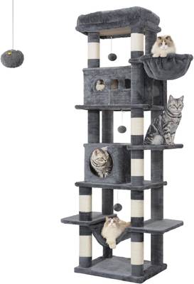 Hzuaneri 170cm Rascador para Gatos, Árbol para Gatos, 2 Cuevas, Plataforma, 1 Hamaca, 1 Cesta, 3 Pompones