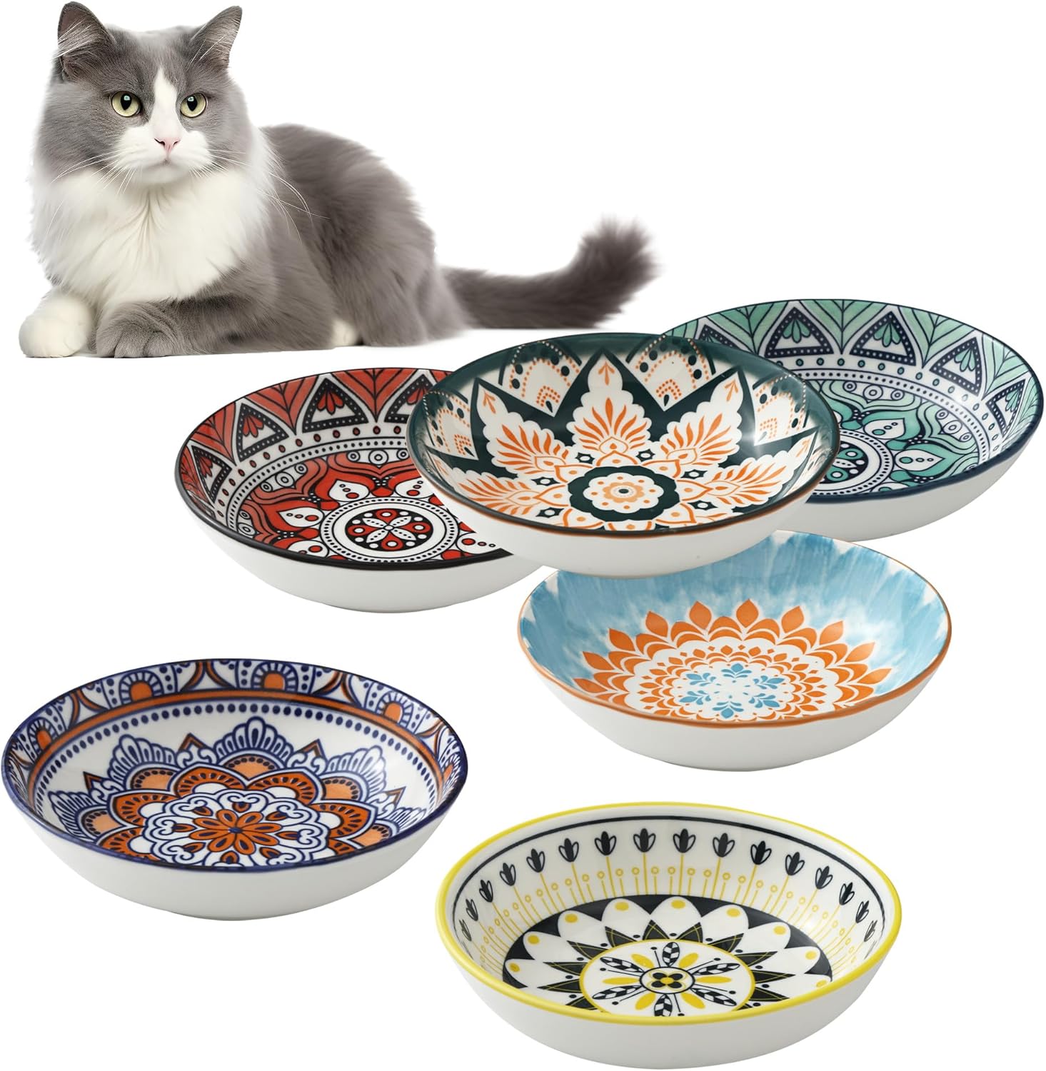 Cuencos para gatos, set de 6 coloridos comederos de cerámica 5,5" – apto para agua, comida seca y húmeda