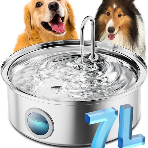 oneisall 7L Fuente para Perros, Fuente de Acero Inoxidable con Gran Ventana de visualización, con luz LED, Bomba Ultra silenciosa con protección contra sobrecarga, filtración de 5 Capas