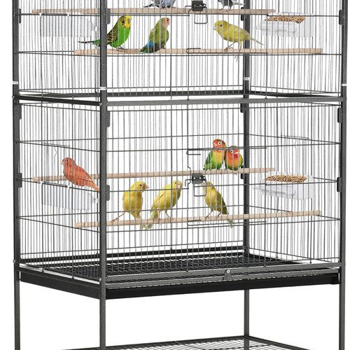 PawHut Jaula para Pájaros con Ruedas Pajarera Metálica con Bandeja Extraíble 4 Puertas 4 Comederos 4 Perchas y Estante de Almacenaje Jaula para Canarios Periquitos 78x52x132 cm Gris Oscuro