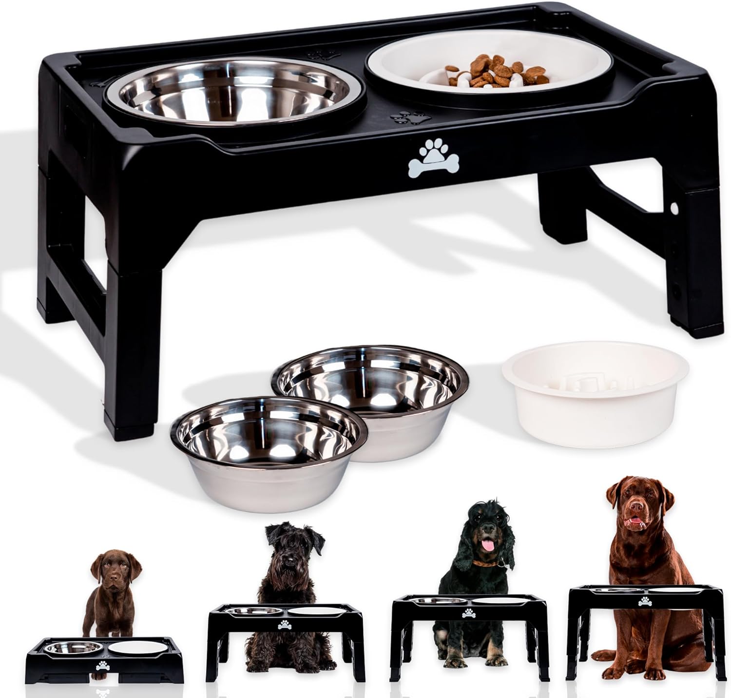 ALEDAVI Comedero Perro Elevado 4 Alturas Ajustables, 2 Cuencos Acero Inoxidable + Comedero Antivoracidad, para Perros Grandes, Medianos y Cachorros