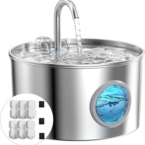 Fuente para Gatos Acero Inoxidable: Bebedero Gatos Automatico - 2.2L Fuente Gato - Fuentes de Agua para Mascota Súper Silencioso - Dispensador Agua Perros - con 6 Filtros + 3 Esponjas