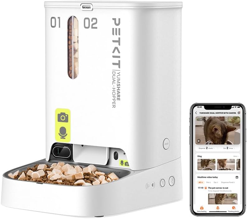 PETKIT Comedero automático con cámara 1080P, 5L doble tolva, app de control para gatos y perros