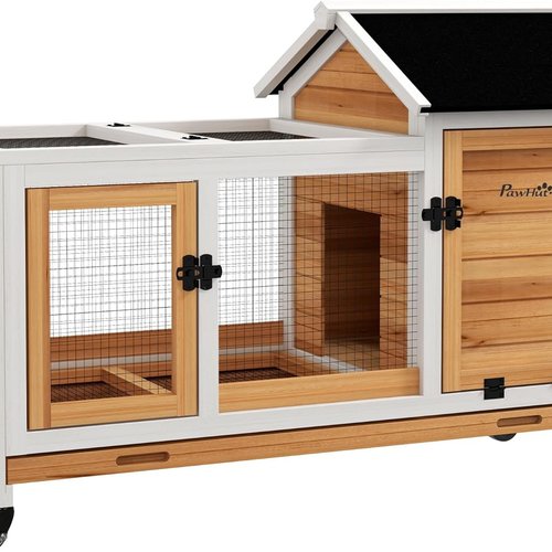 PawHut Conejera de Madera con Ruedas Jaula para Conejos con Techo Puede Abrir y Bandeja Extraíble Conejera para Interior y Exterior 108x58x73,5 cm Natural