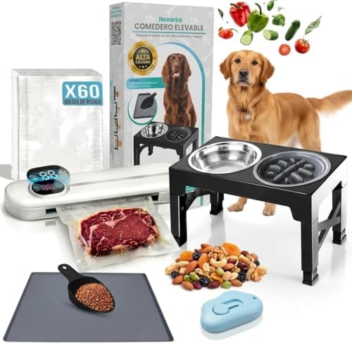 NOVARKA Mega Comedero Perro Elevado 5 Alturas, Bebedero Acero Inoxidable + Comedero Antivoracidad + Alfombra Antideslizante + Pala Pienso