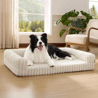 Bedsure Cama Perro Ortopédica Grande - 89x64x18cm Camas para Perros Tipo Sofá con Espuma Viscoelástica y Bordes, Impermeable, Base Antideslizante, Funda de Pana Extraíble y Lavable, Crema