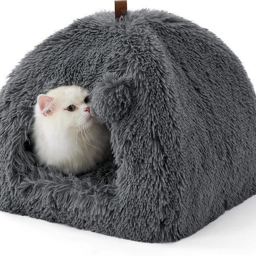 Bedsure Cama para Gatos Grande - 40 x 40 x 40 cm Cueva para Gatos Casa de Felpa para Gatos para Interior con cojín extraíble y Juguete Colgante, Cama para Gatos Lavable, Gris Oscuro