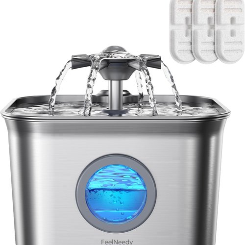 2.8L Fuente para Gatos Acero Inoxidable con 3 Filtros, FEELNEEDY Bebedero Gatos Ultra Silencioso, Filtración de Cuatro Capas, Fácil de Limpiar, Apta para Lavavajillas